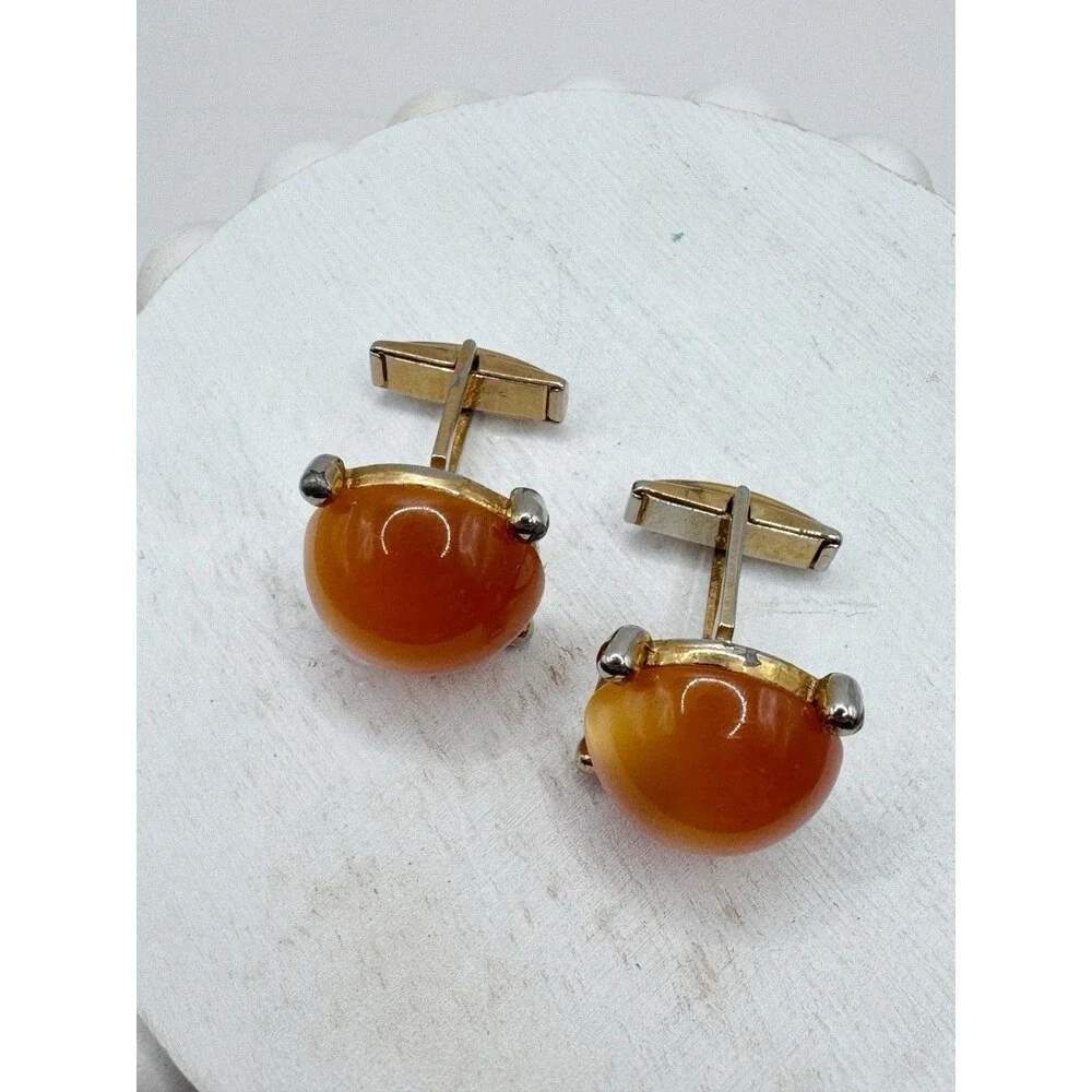 Vtg Orange Moon glow Thermoset Cabochon Round Cufflinks Menswear MCM Mid Century